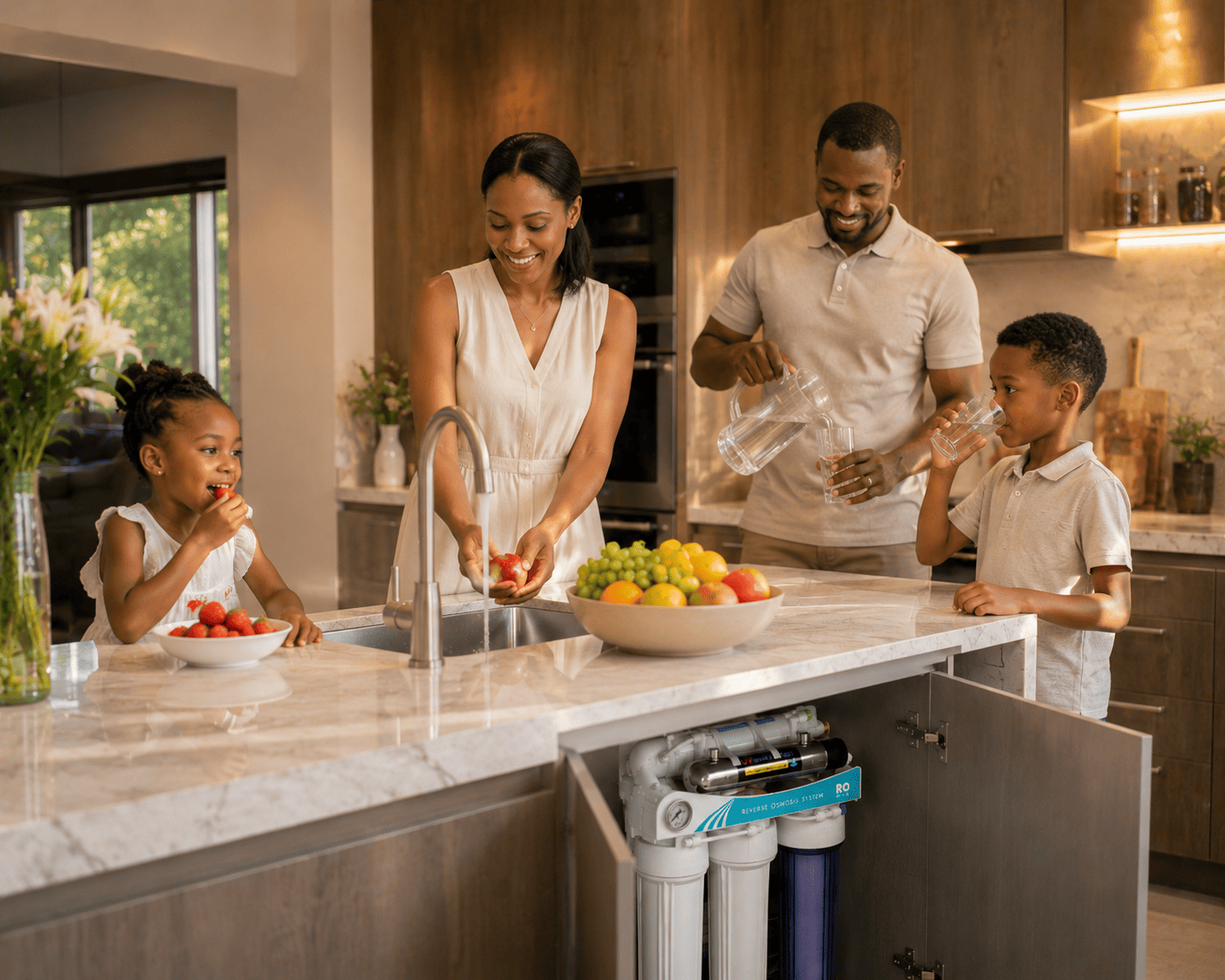 AquaTech water filtration system installed under a kitchen counter
